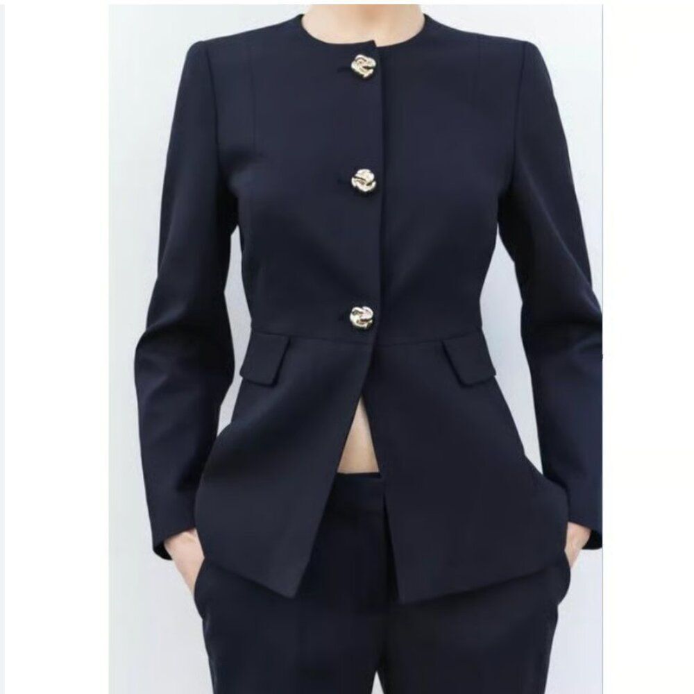 Zara Womens Blazer Jacket Medium Blue Button Front Pockets Tailored 2399/594 NWT